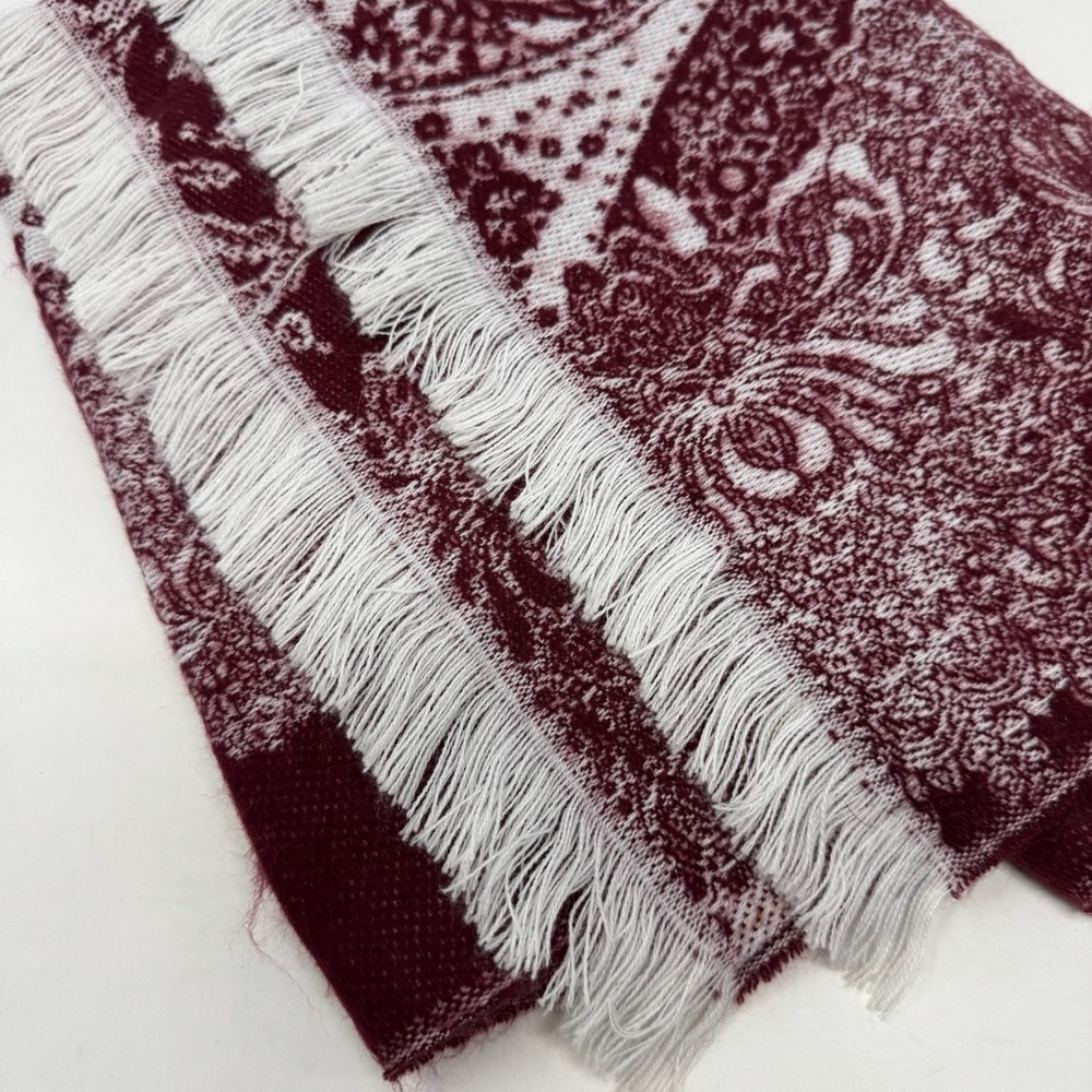 Wool Blend Paisley Wrap Shawl Scarf Preppy Cozy Maroon Burgundy - Picture 7 of 11